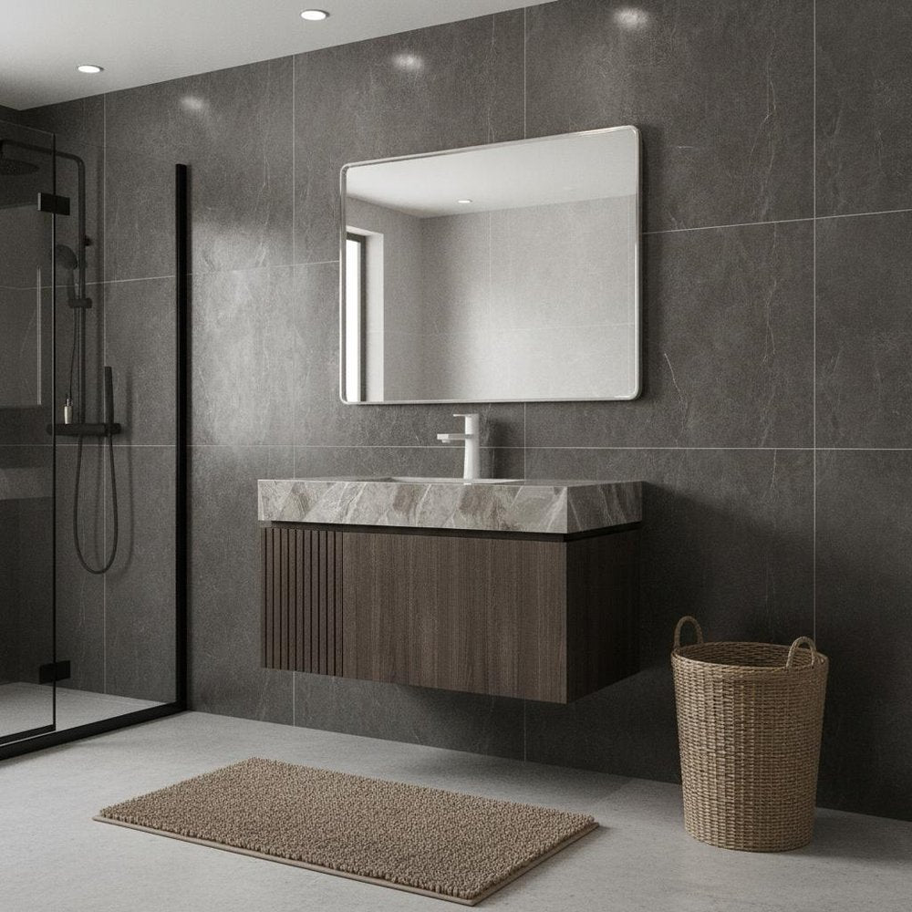 24" Brown Wood Floating Double Door Bathroom Vanity With White Ceramic Sink — view 7
