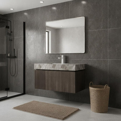 24" Brown Wood Floating Double Door Bathroom Vanity With White Ceramic Sink HomeRoots