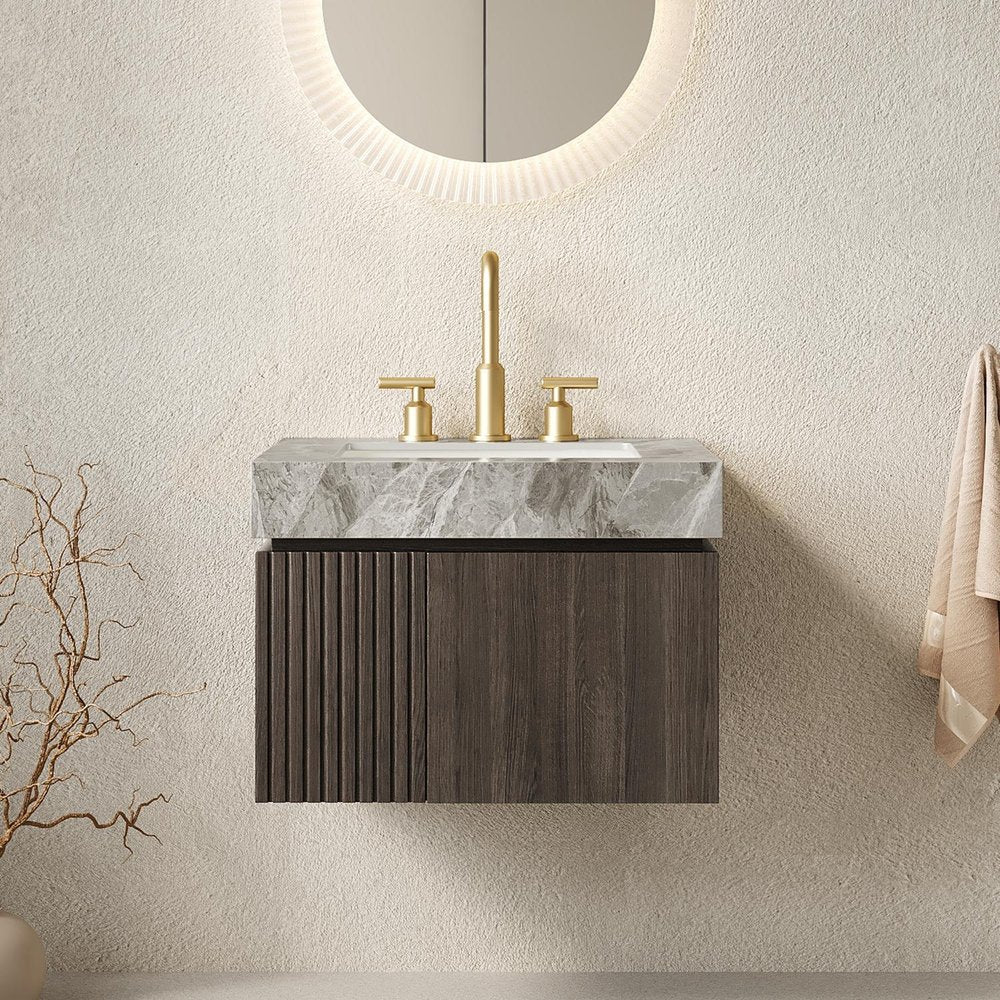 24" Brown Wood Floating Double Door Bathroom Vanity With White Ceramic Sink — view 1