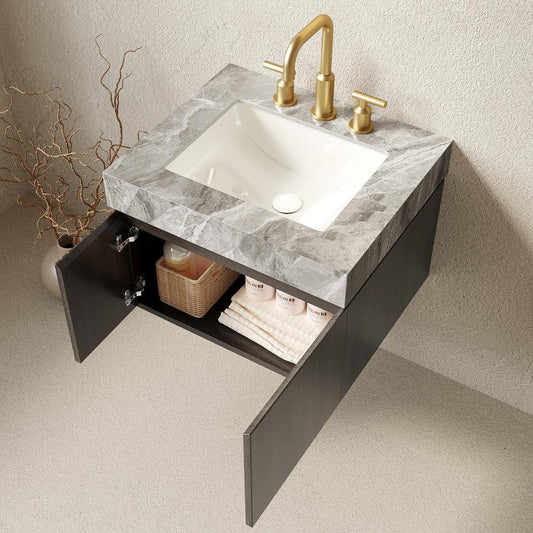 24" Brown Wood Floating Double Door Bathroom Vanity With White Ceramic Sink