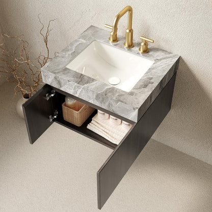 24" Brown Wood Floating Double Door Bathroom Vanity With White Ceramic Sink HomeRoots