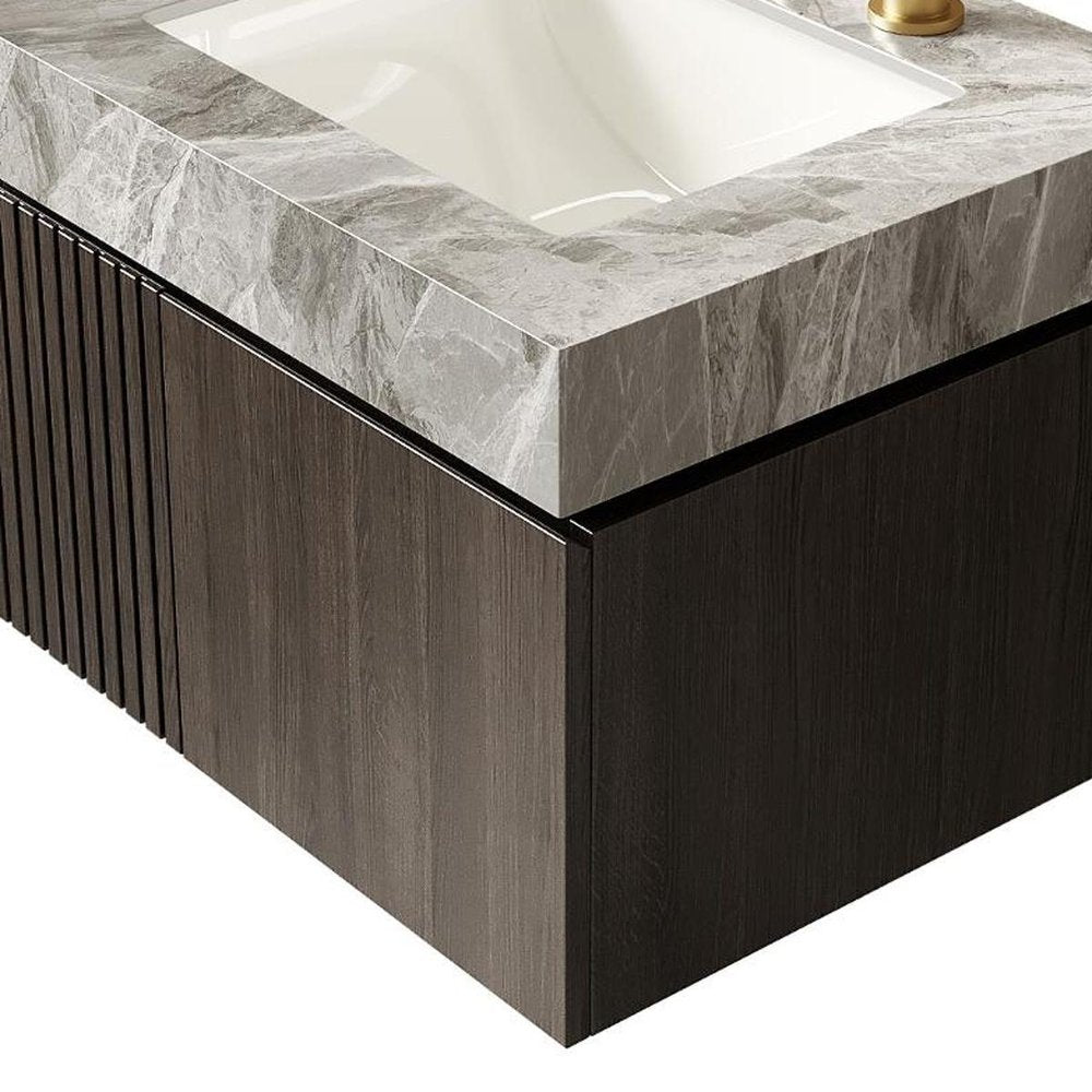 24" Brown Wood Floating Double Door Bathroom Vanity With White Ceramic Sink HomeRoots