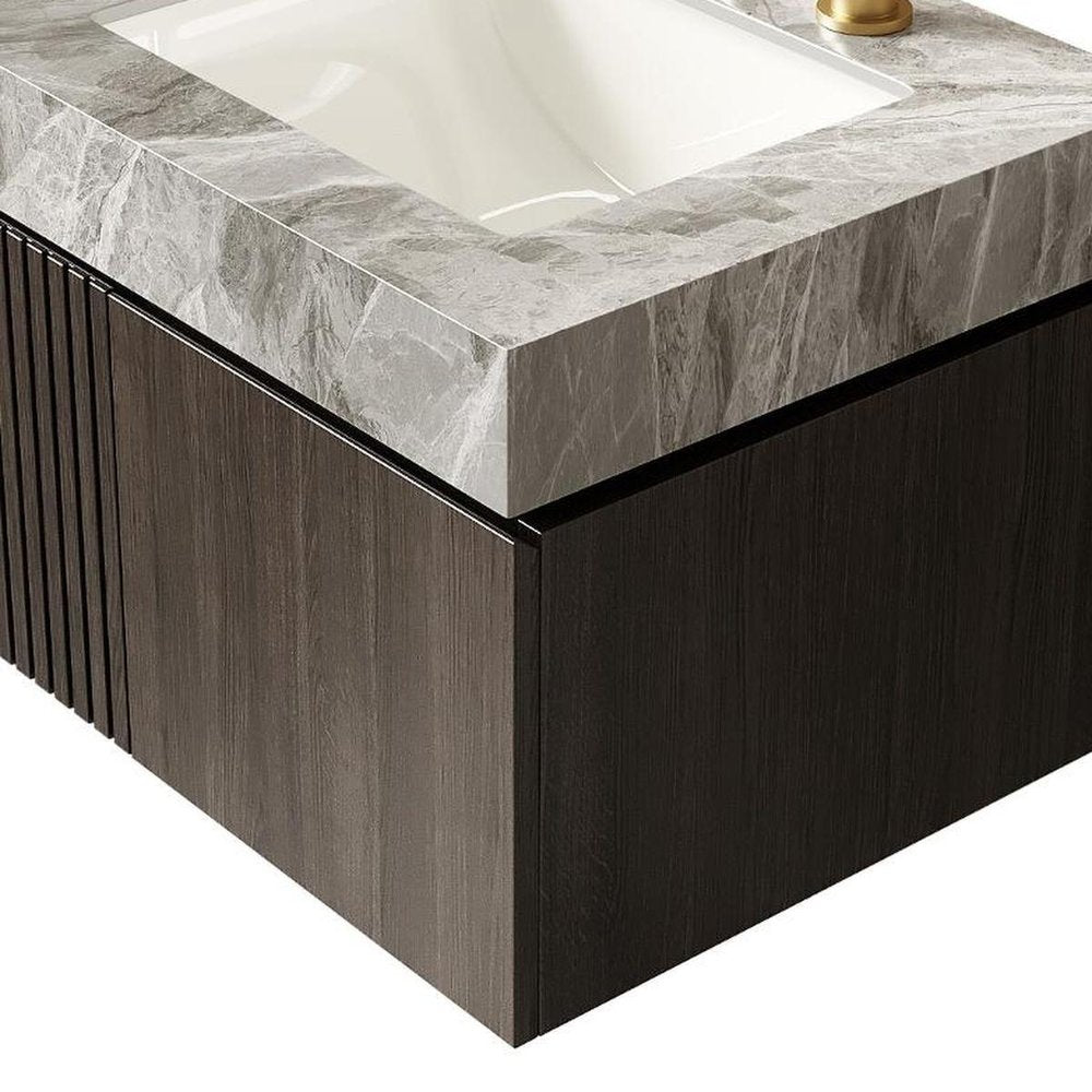 24" Brown Wood Floating Double Door Bathroom Vanity With White Ceramic Sink