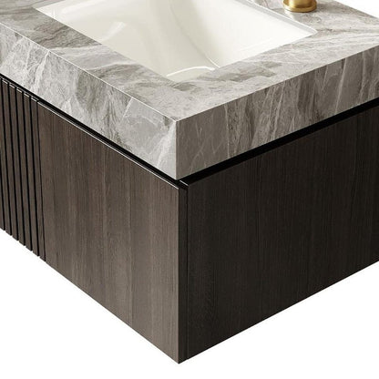 24" Brown Wood Floating Double Door Bathroom Vanity With White Ceramic Sink