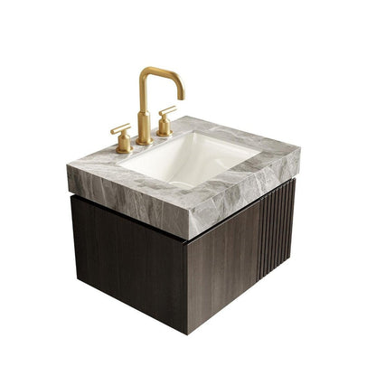 24" Brown Wood Floating Double Door Bathroom Vanity With White Ceramic Sink HomeRoots