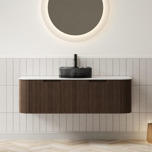 48" Brown Wood Floating Bathroom Vanity With Black Glass Sink With Two Drawers