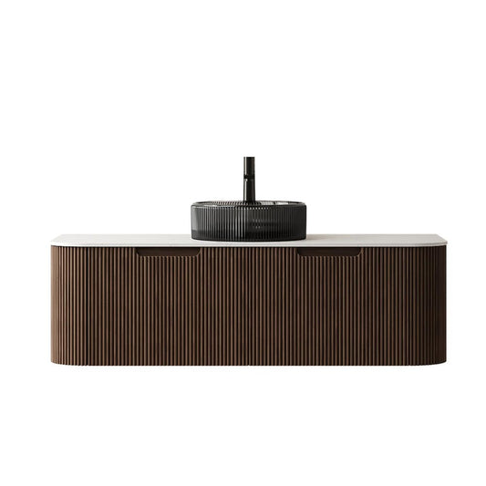 48" Brown Wood Floating Bathroom Vanity With Black Glass Sink With Two Drawers