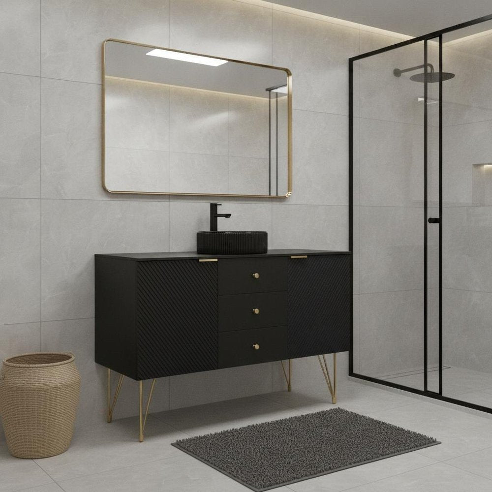 48" Black Wood Three Door Bathroom Vanity With Glass Sink With Two Drawers HomeRoots