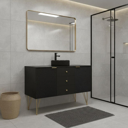 48" Black Wood Three Door Bathroom Vanity With Glass Sink With Two Drawers HomeRoots