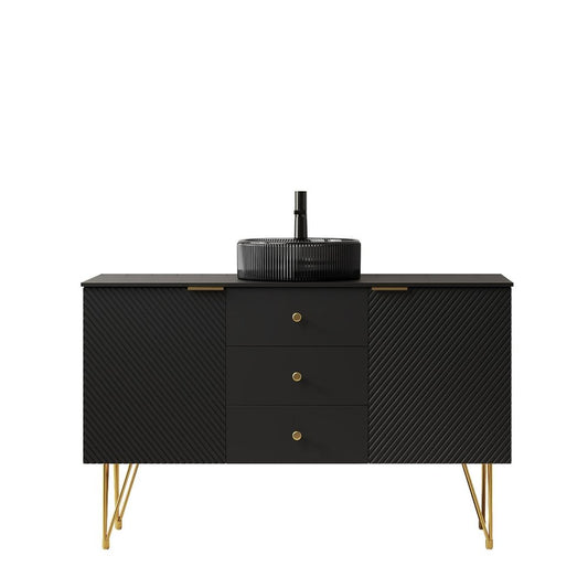 48" Black Wood Three Door Bathroom Vanity With Glass Sink With Two Drawers