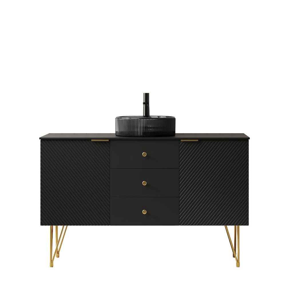 48" Black Wood Three Door Bathroom Vanity With Glass Sink With Two Drawers — view 1
