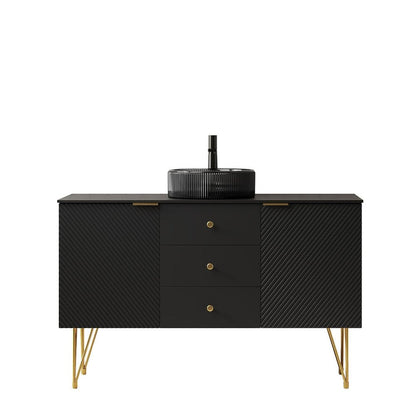 48" Black Wood Three Door Bathroom Vanity With Glass Sink With Two Drawers HomeRoots