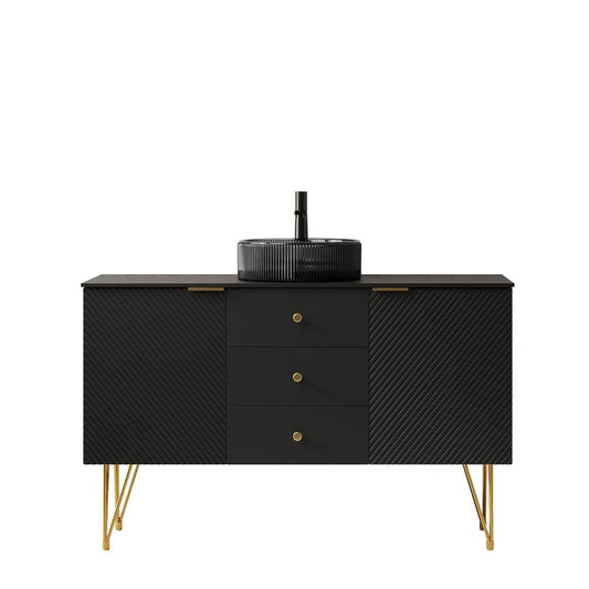 48" Black Wood Three Door Bathroom Vanity With Glass Sink With Two Drawers