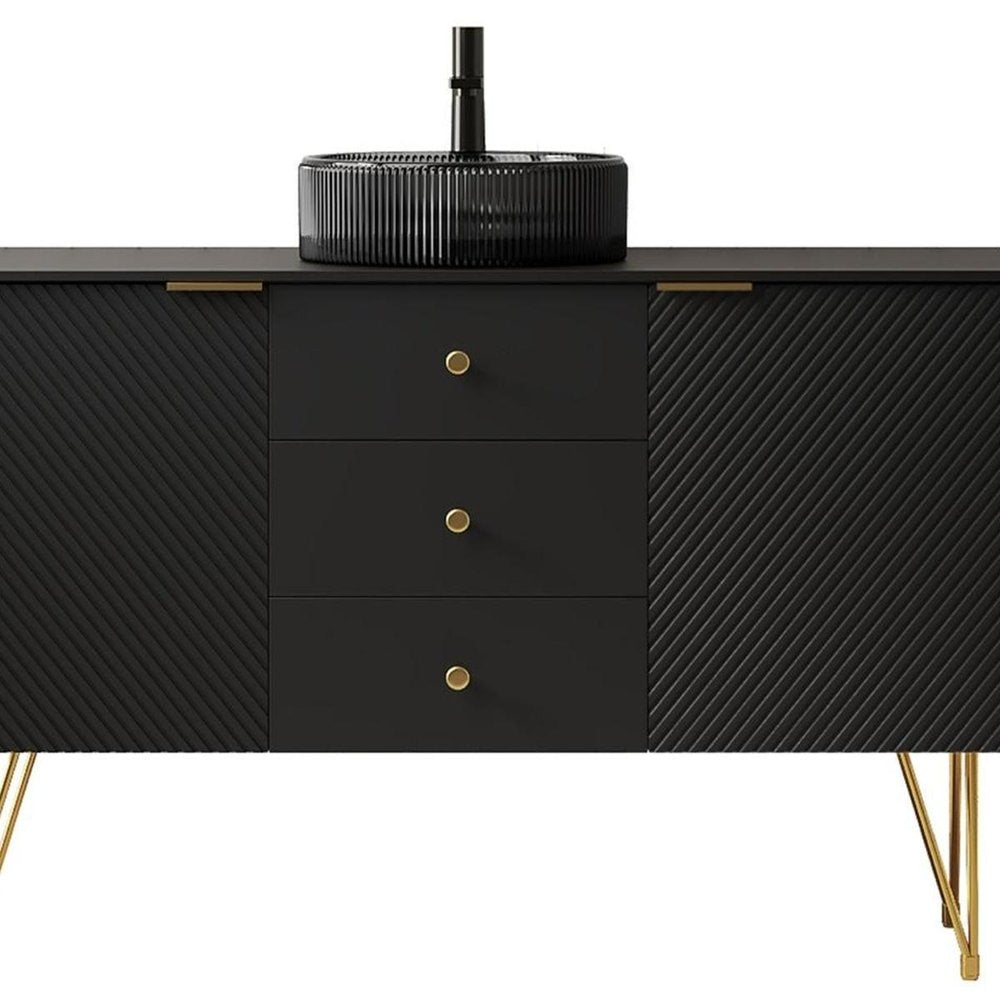 48" Black Wood Three Door Bathroom Vanity With Glass Sink With Two Drawers HomeRoots