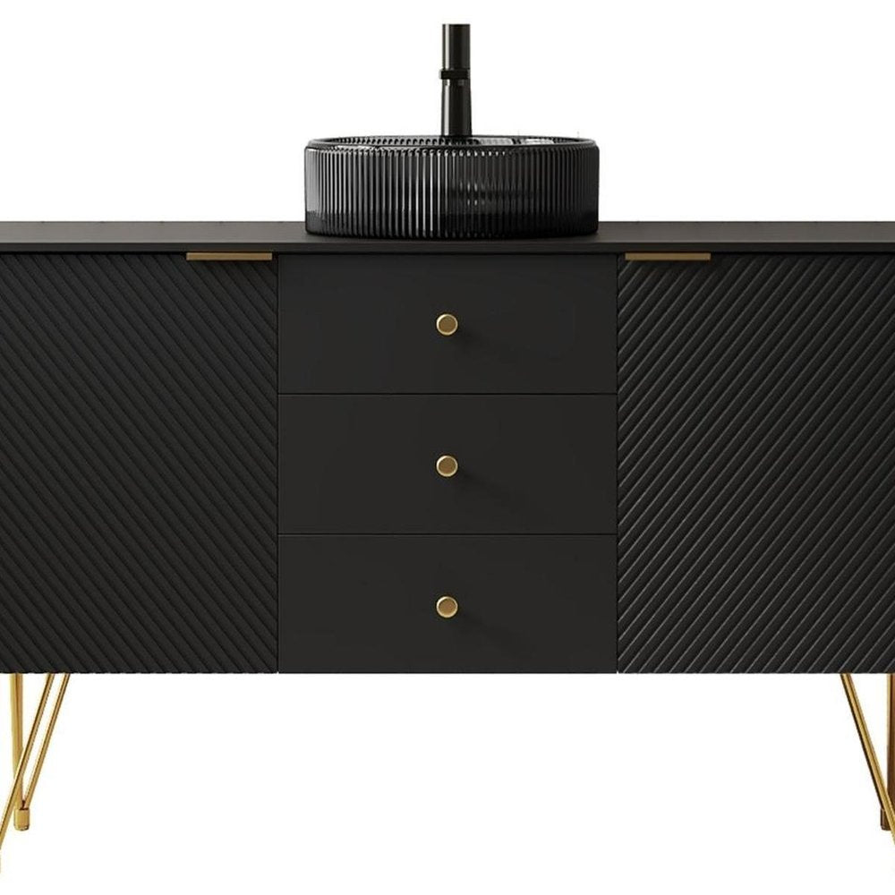 48" Black Wood Three Door Bathroom Vanity With Glass Sink With Two Drawers — view 4