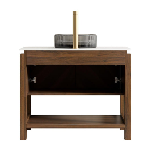 36" Brown Wood Bathroom Vanity With Black Glass Sink