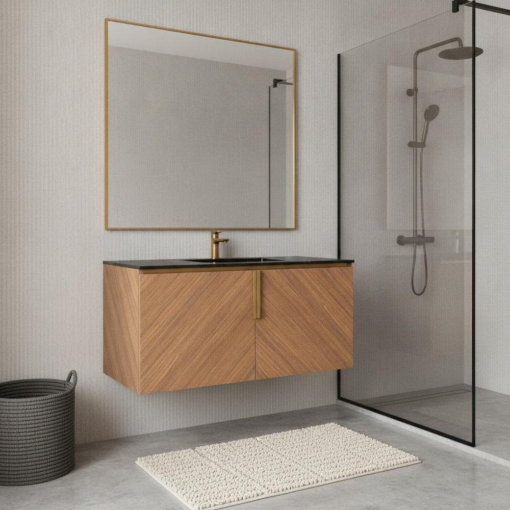 36" Brown Wood Floating Double Door Bathroom Vanity HomeRoots