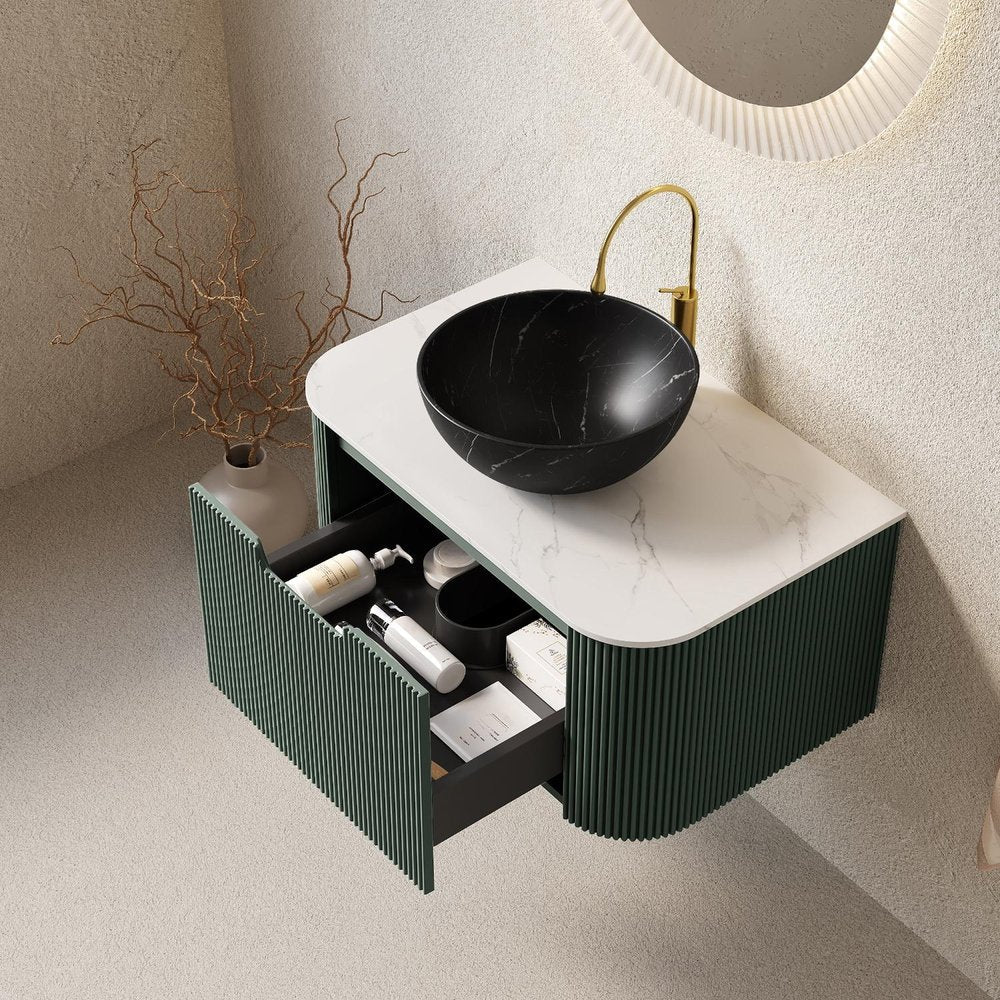 30" Green Wood Floating Bathroom Vanity With Black Ceramic Sink HomeRoots