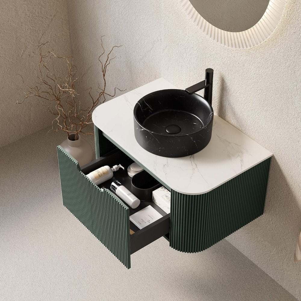 30" Green Wood Floating Bathroom Vanity With Black Ceramic Sink — view 1