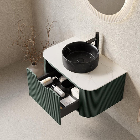 30" Green Wood Floating Bathroom Vanity With Black Ceramic Sink
