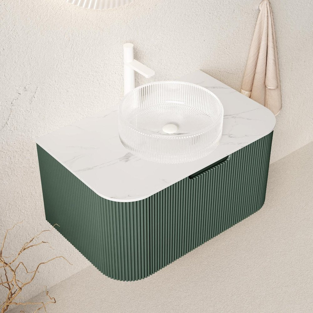 30" Green Wood Floating Bathroom Vanity With White Glass Sink HomeRoots