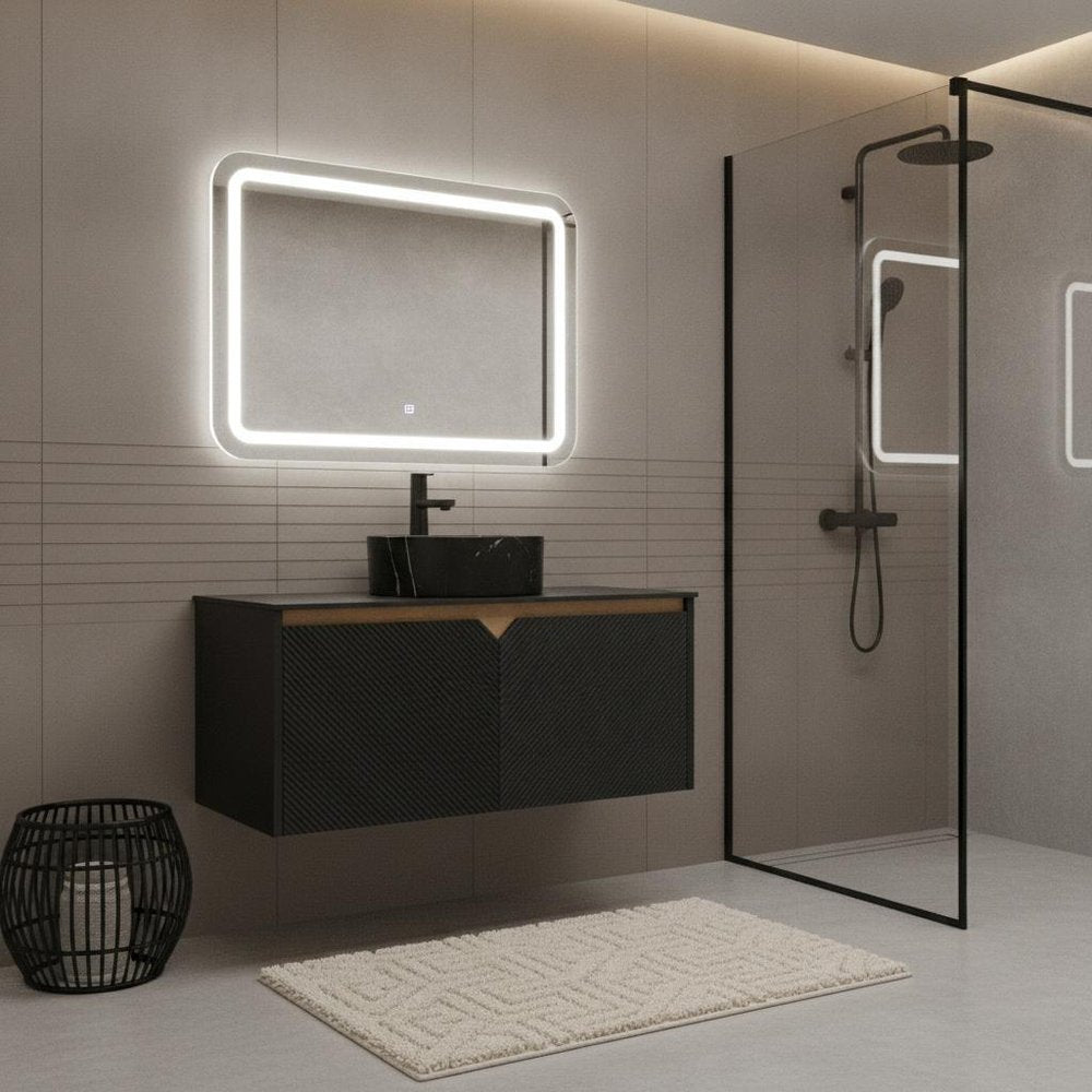 36" Black Wood Floating Double Door Bathroom Vanity With Ceramic Sink