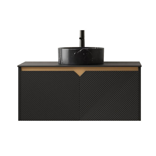 36" Black Wood Floating Double Door Bathroom Vanity With Ceramic Sink