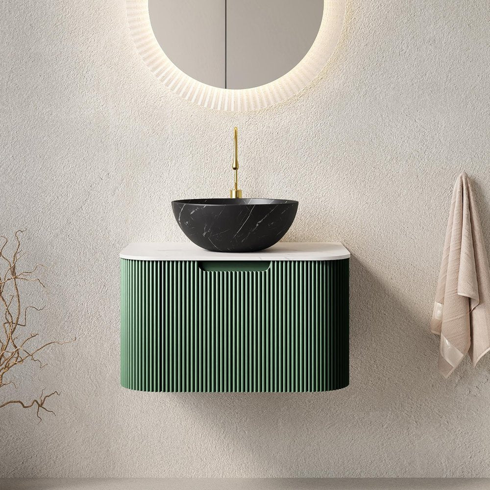 24" Green Wood Floating Bathroom Vanity With Black Ceramic Sink — view 2