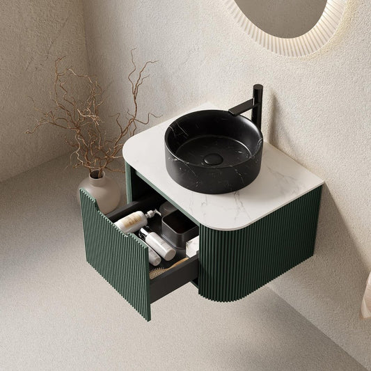 24" Green Wood Floating Bathroom Vanity With Black Ceramic Sink