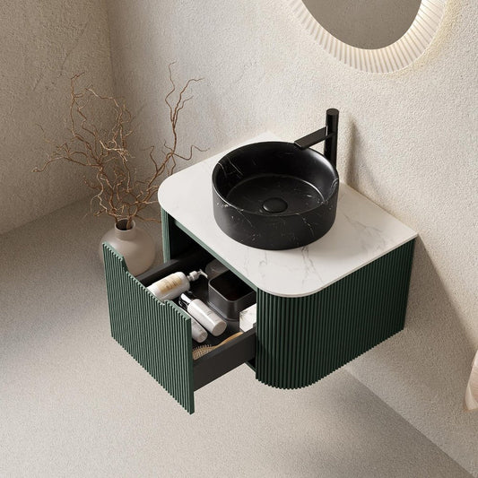 24" Green Wood Floating Bathroom Vanity With Black Ceramic Sink