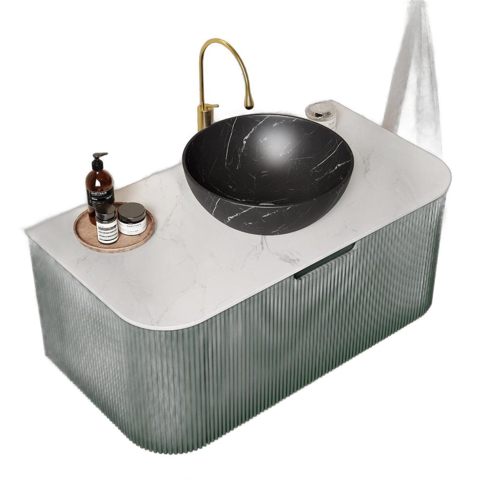 36" Green Wood Floating Bathroom Vanity With Black Ceramic Sink — view 1