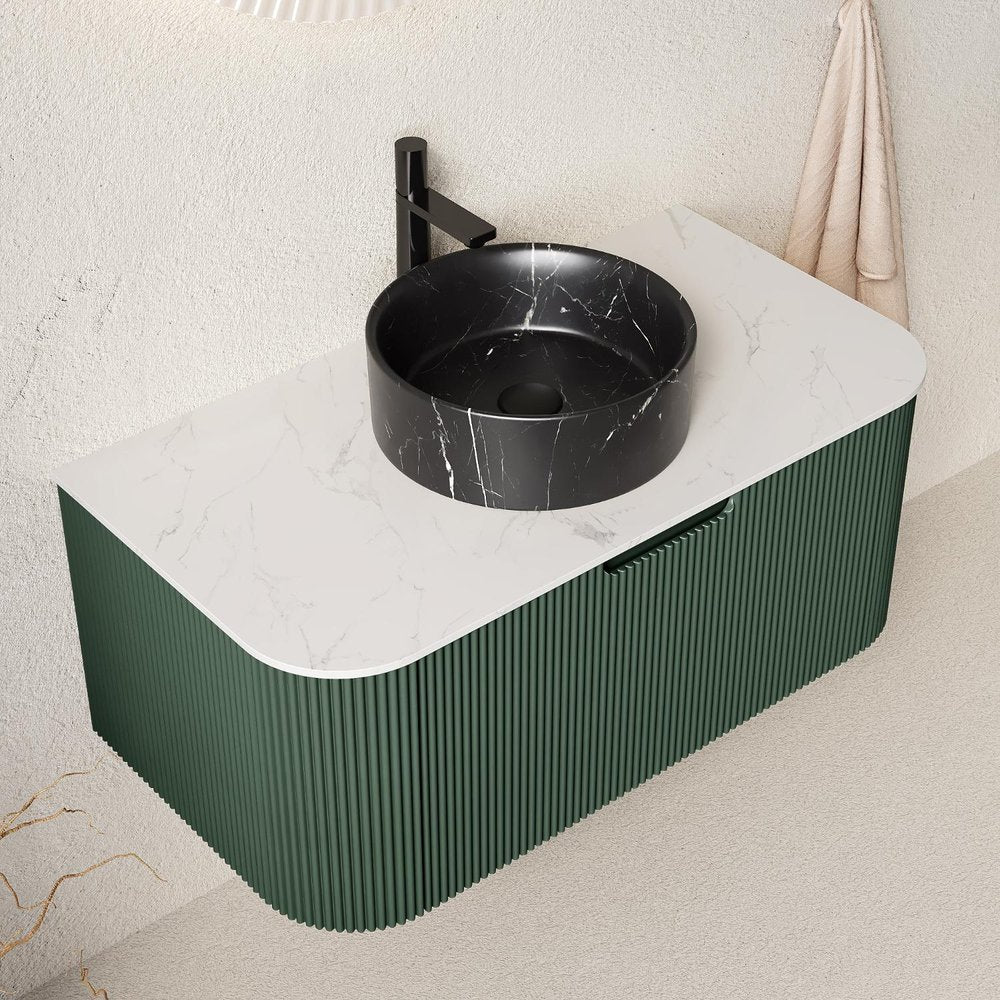 36" Green Wood Floating Bathroom Vanity With Black Ceramic Sink — view 1