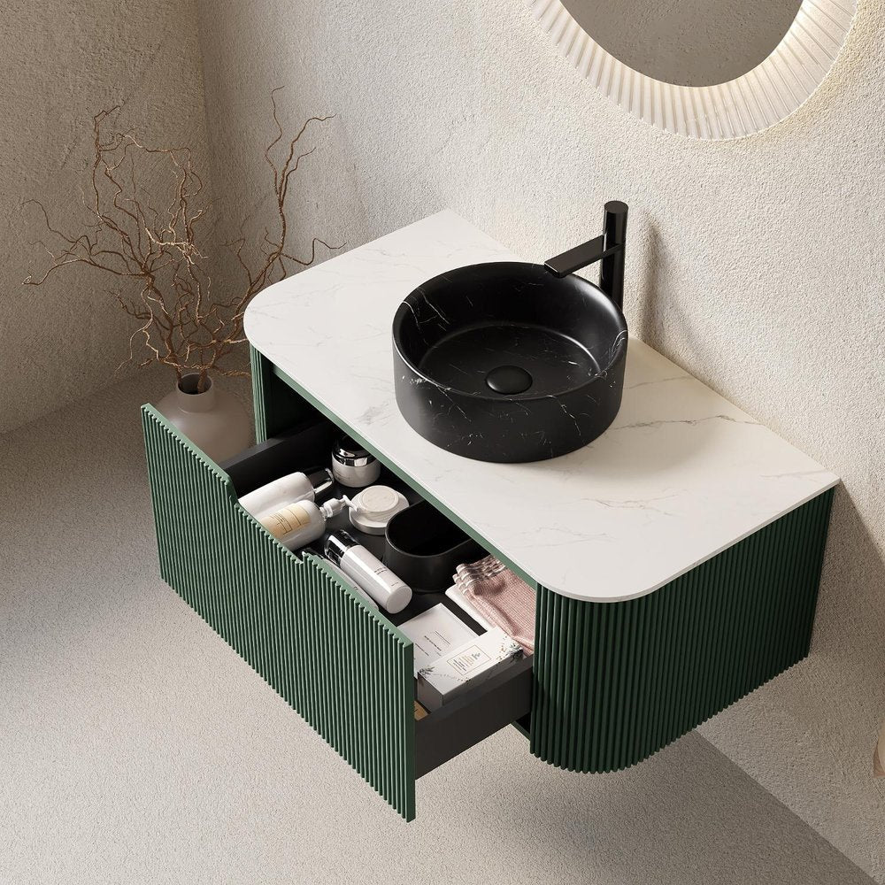 36" Green Wood Floating Bathroom Vanity With Black Ceramic Sink — view 2