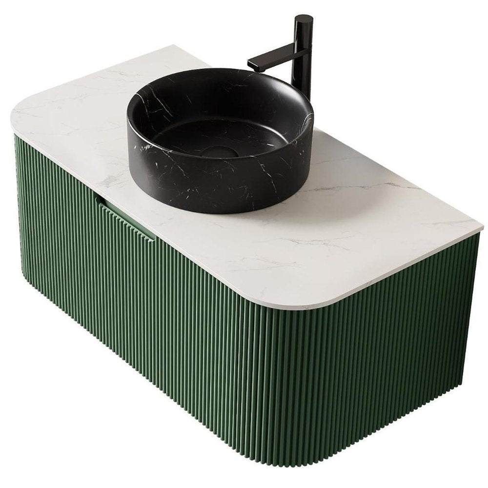 36" Green Wood Floating Bathroom Vanity With Black Ceramic Sink — view 3