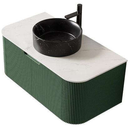 36" Green Wood Floating Bathroom Vanity With Black Ceramic Sink