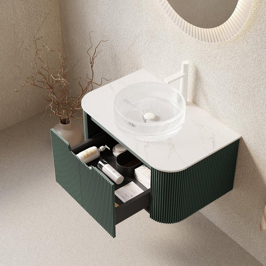 36" Green Wood Floating Bathroom Vanity With White Glass Sink