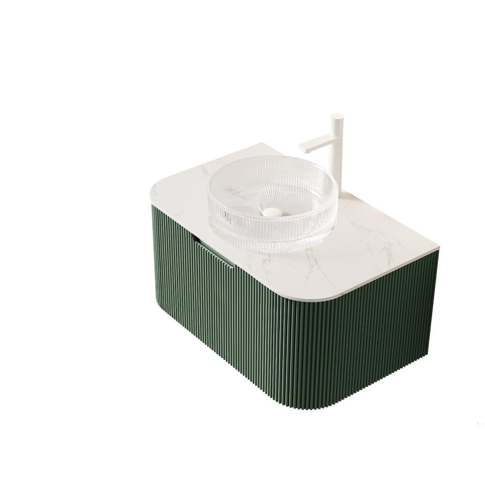 36" Green Wood Floating Bathroom Vanity With White Glass Sink — view 3