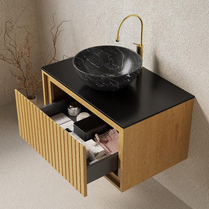30" Brown Wood Floating Bathroom Vanity With Black Ceramic Sink HomeRoots