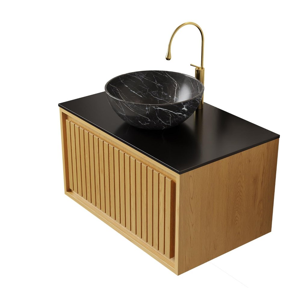 30" Brown Wood Floating Bathroom Vanity With Black Ceramic Sink HomeRoots