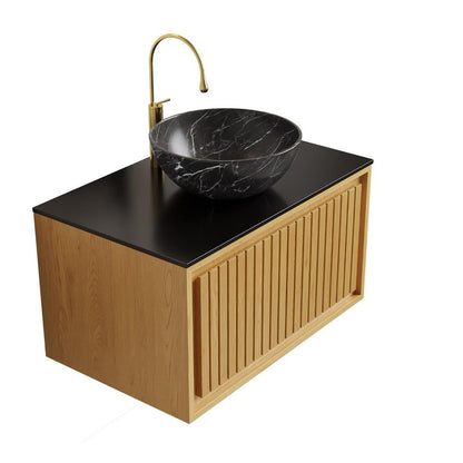 30" Brown Wood Floating Bathroom Vanity With Black Ceramic Sink HomeRoots
