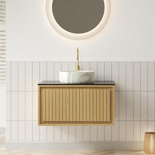30" Brown Wood Floating Bathroom Vanity With White Ceramic Sink