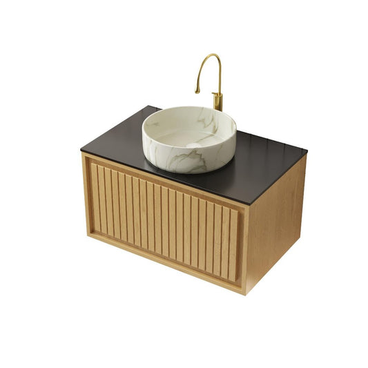 30" Brown Wood Floating Bathroom Vanity With White Ceramic Sink