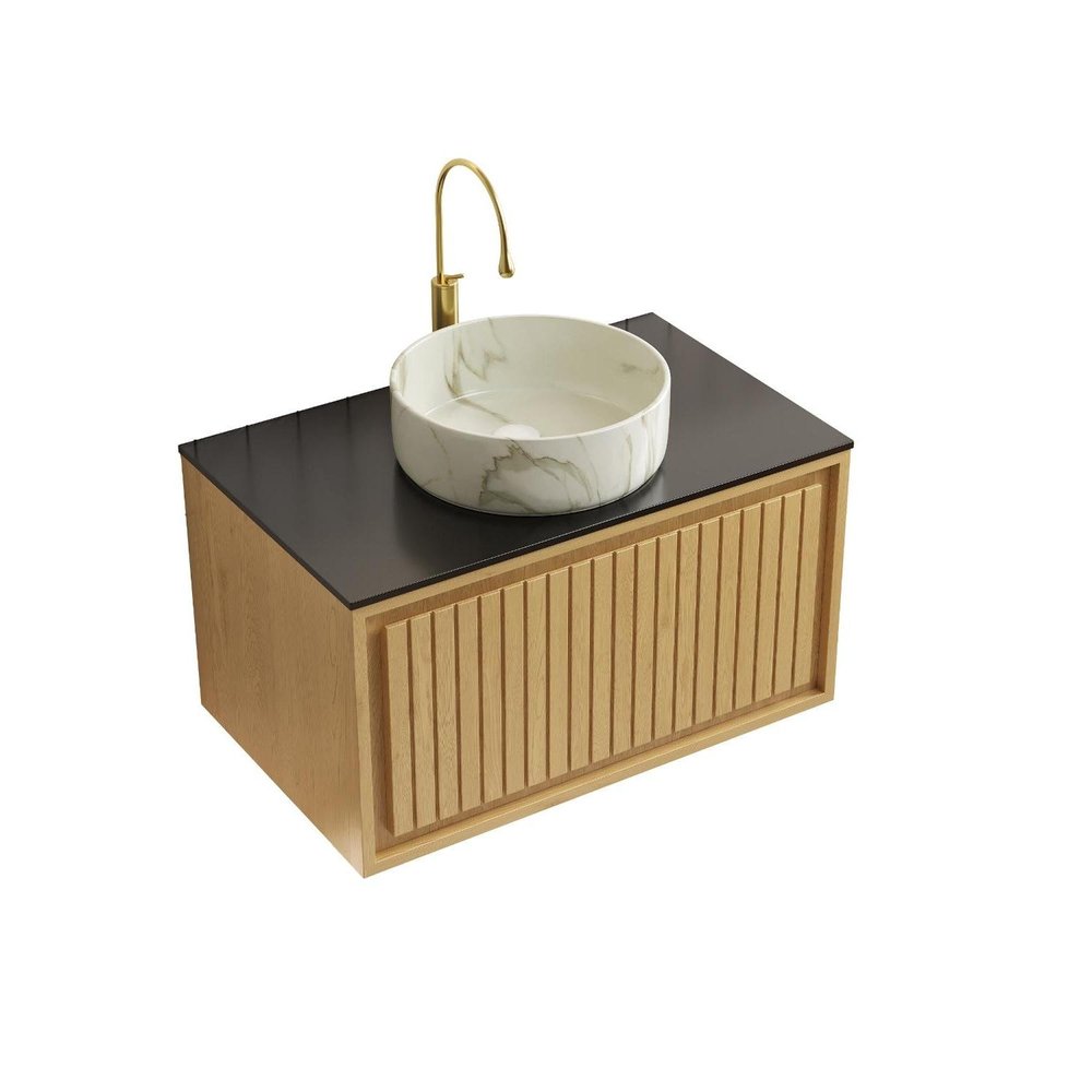 30" Brown Wood Floating Bathroom Vanity With White Ceramic Sink — view 4
