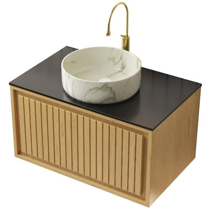 30" Brown Wood Floating Bathroom Vanity With White Ceramic Sink HomeRoots
