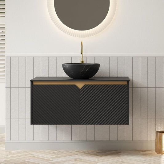 36" Black Wood Floating Double Door Bathroom Vanity With Ceramic Sink