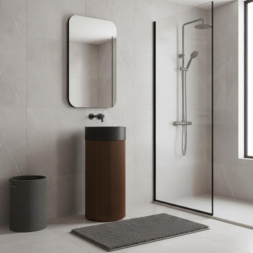 16" Brown Wood Bathroom Vanity With Black Marble Sink — view 5