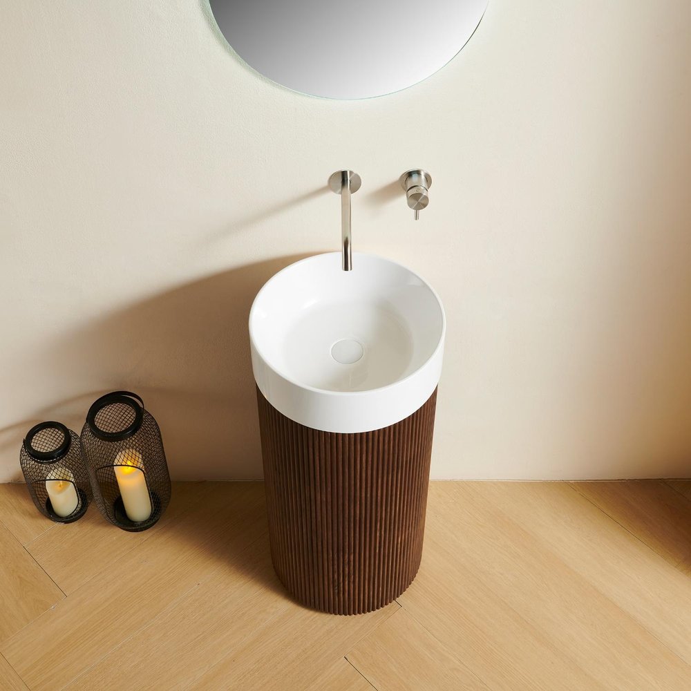 16" Brown Wood Bathroom Vanity With White Marble Sink — view 1