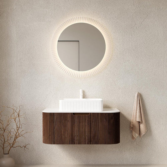 36" Brown Wood Floating Bathroom Vanity With White Ceramic Sink