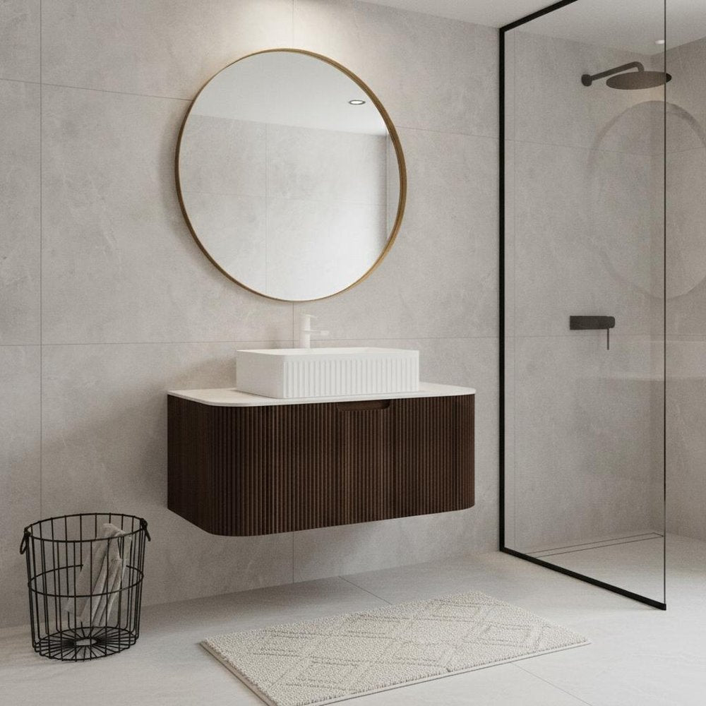 36" Brown Wood Floating Bathroom Vanity With White Ceramic Sink HomeRoots