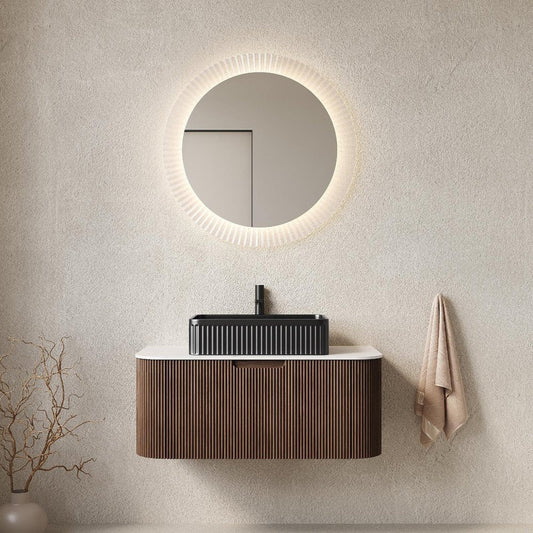 36" Brown Wood Floating Bathroom Vanity With Black Ceramic Sink